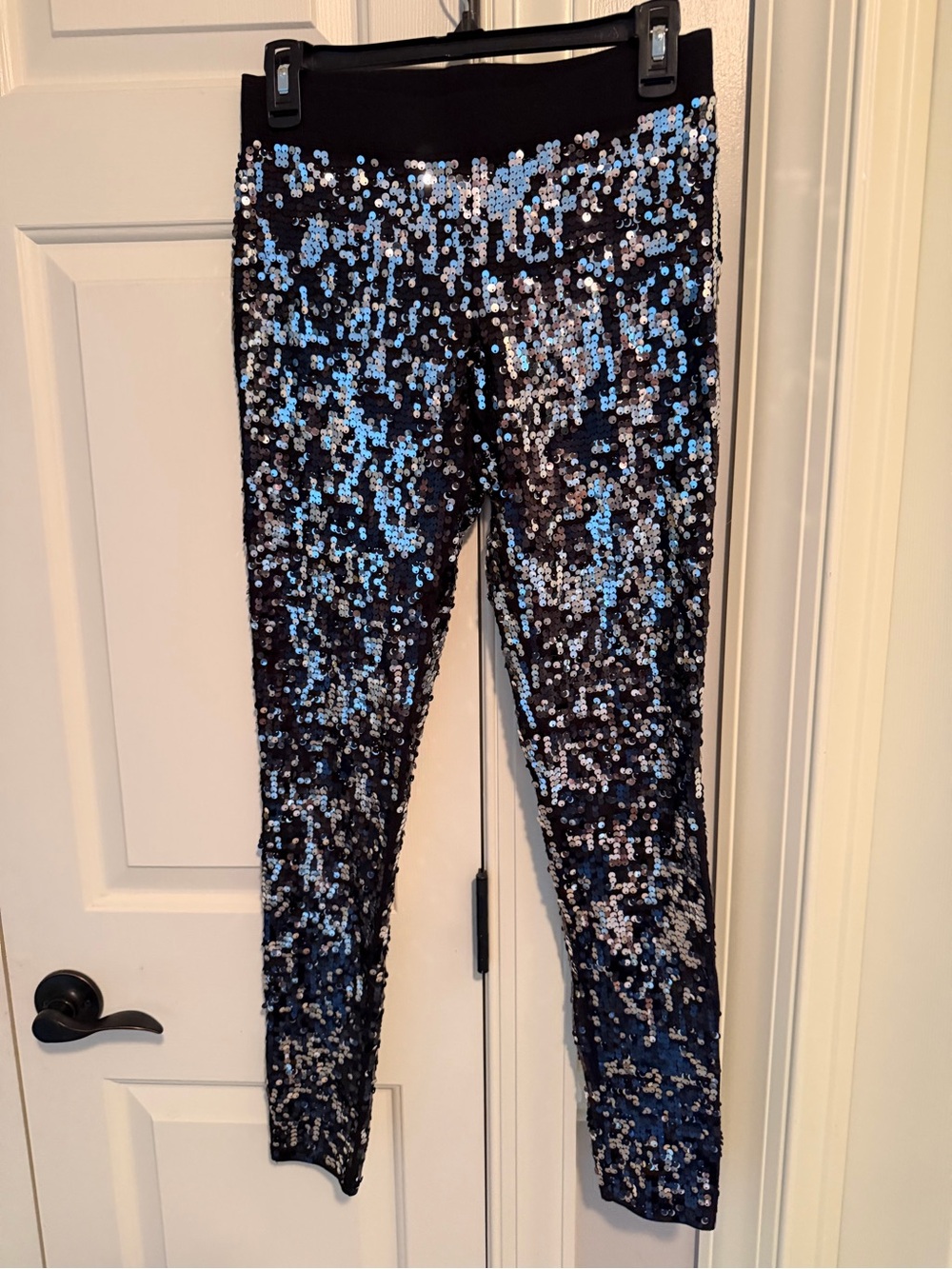 Black Sequin Leggings with Iridescent Blue Accents
